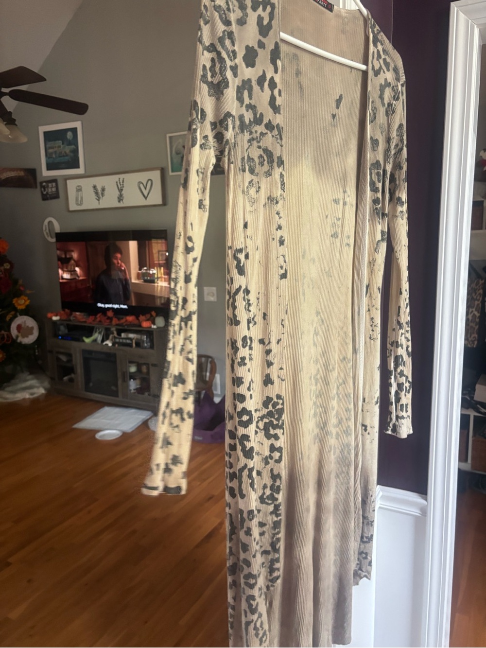 T Party Fashion Long Leopard-Print Open Cardigan Dress in Beige and Black